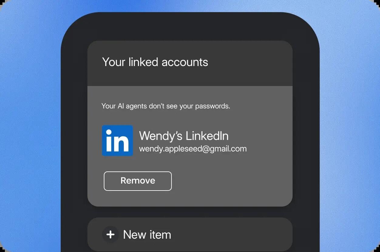 A phone screen titled Your linked accounts, showing a LinkedIn login with a Remove button and the line Your AI agents don't see your passwords