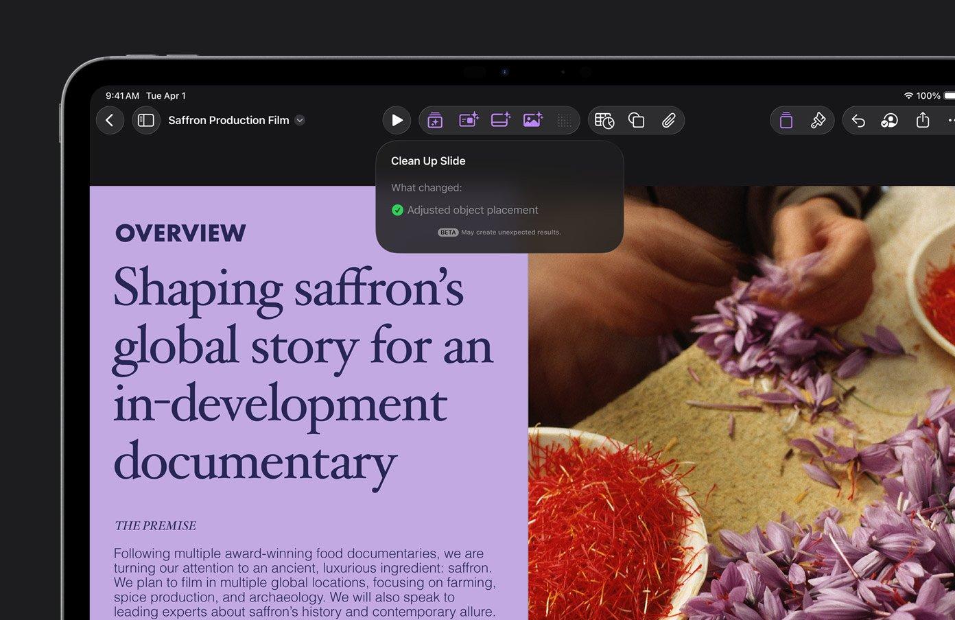 Keynote on an iPad showing a Clean Up Slide panel that reports it adjusted object placement on a purple slide about a saffron documentary
