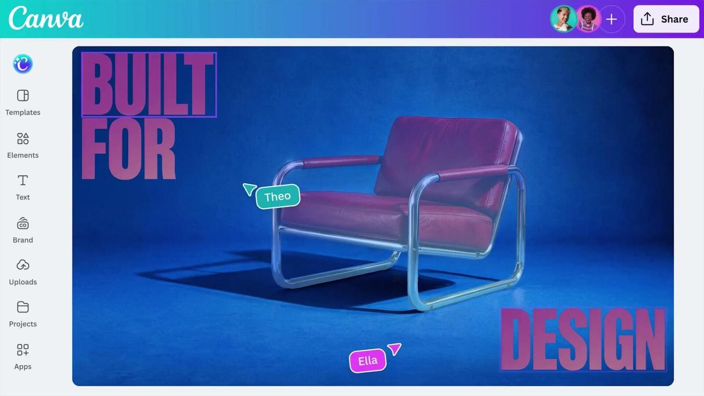 The Canva editor showing a Craft-made design of a purple chair on a blue background with the words Built for Design, with two collaborators' cursors on the canvas