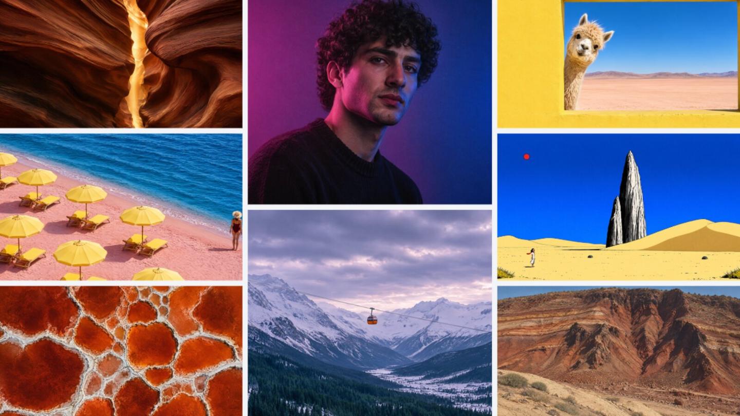 A grid of images made with Canva Craft: a glowing canyon, a portrait of a man with curly hair, a llama peeking around a yellow wall, a beach with yellow umbrellas, a snowy mountain valley with a cable car, cracked red earth and desert dunes