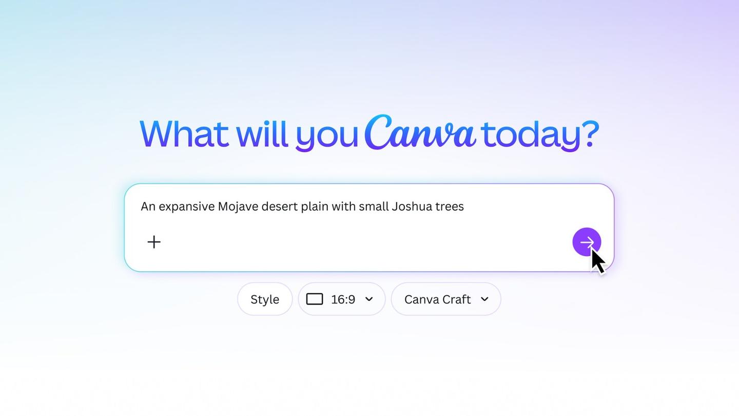 Canva's Dream Lab prompt box reading What will you Canva today, with a prompt about a Mojave desert plain and the Style, 16:9 and Canva Craft options below it