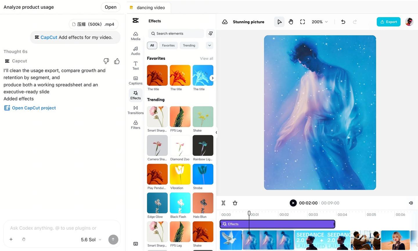 A chat that says CapCut Add effects for my video, next to CapCut's editor with an Effects panel of trending effects and an Effects track on the timeline