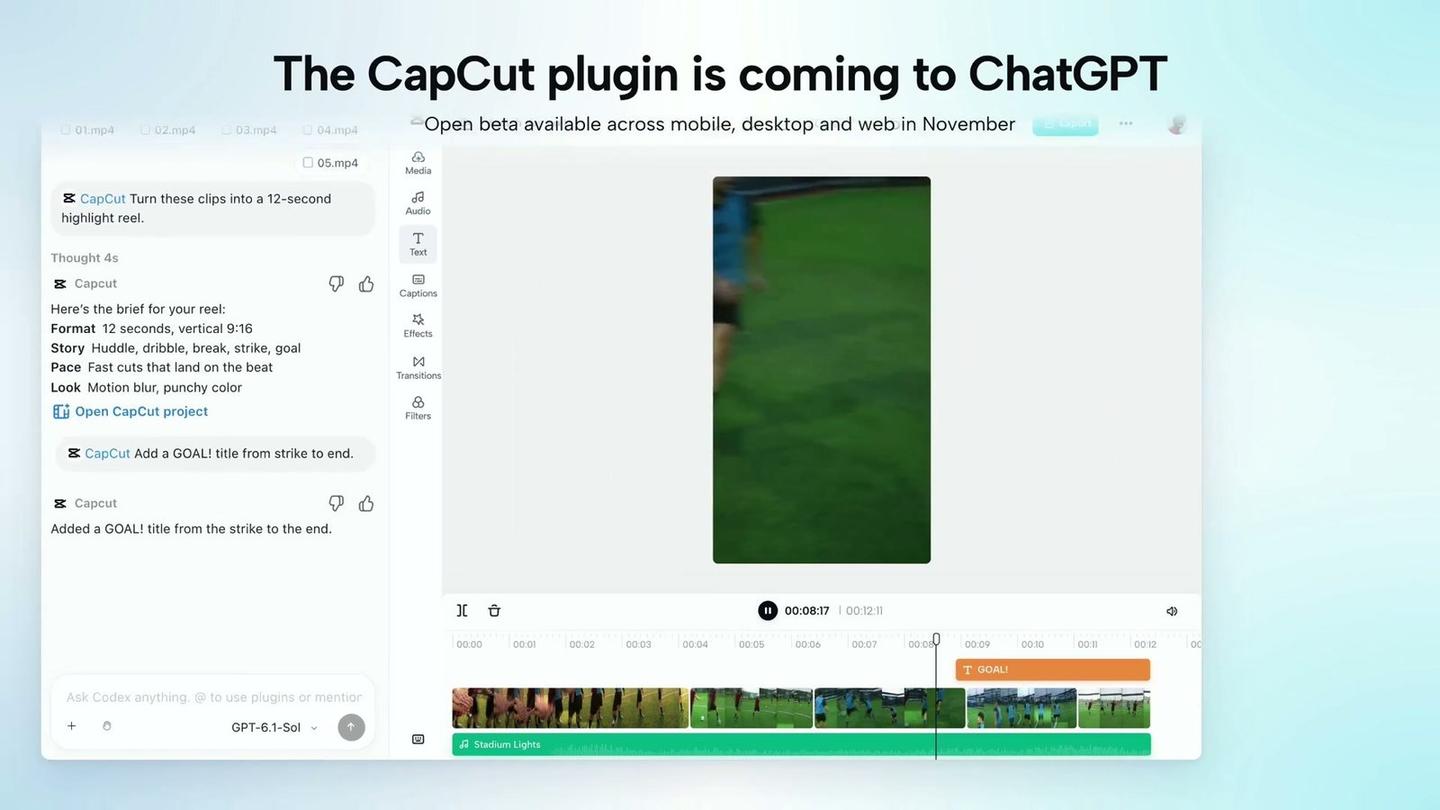 A ChatGPT chat on the left where CapCut writes a brief for a 12-second soccer highlight reel, and CapCut's timeline on the right with an orange GOAL! title added near the end