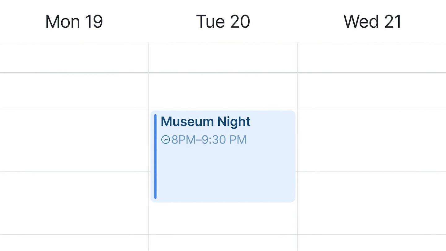 A week view of a calendar showing Mon 19, Tue 20 and Wed 21, with a new event called Museum Night from 8PM to 9:30 PM on Tuesday