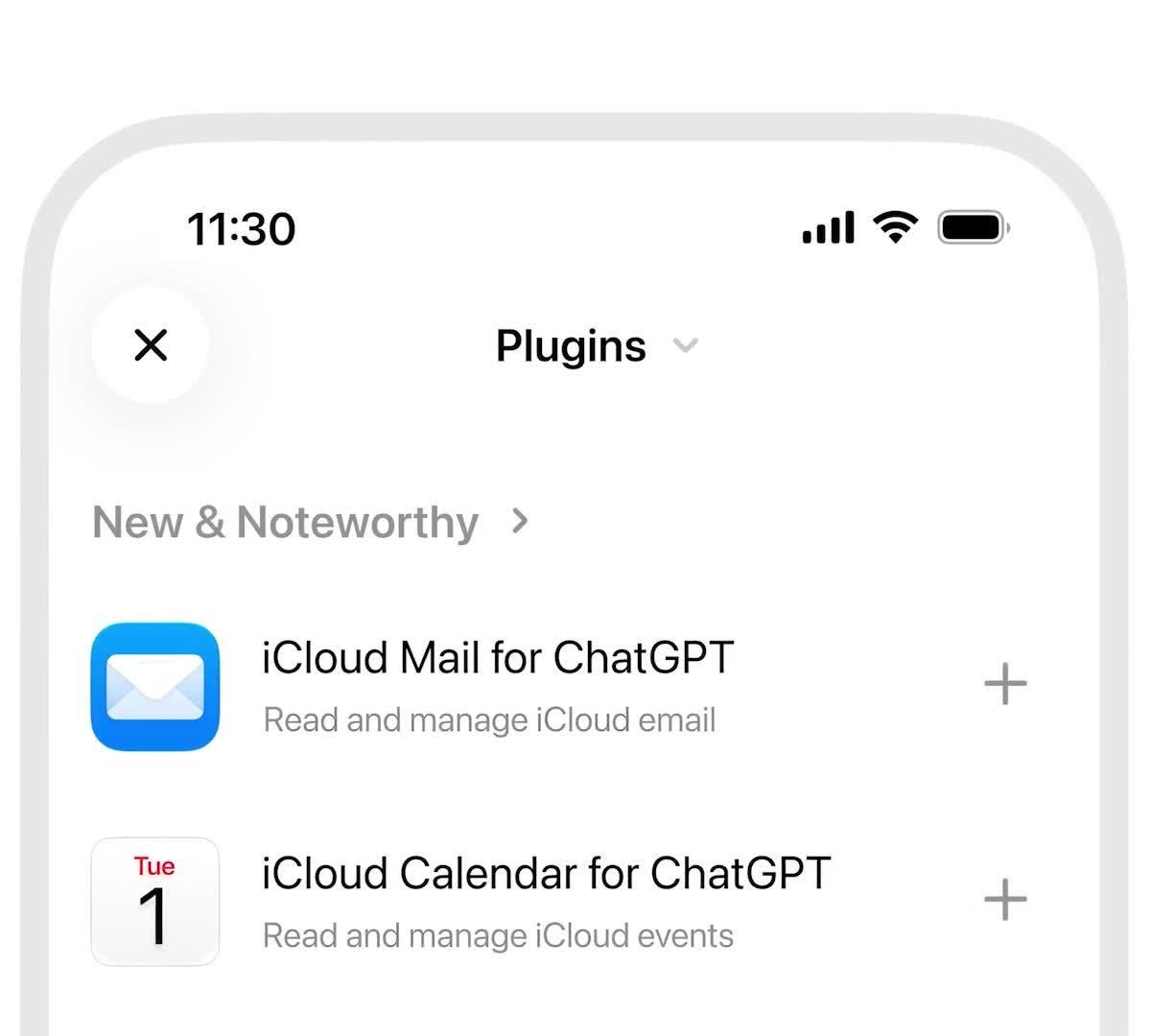 The Plugins screen in the ChatGPT iPhone app, listing iCloud Mail for ChatGPT, Read and manage iCloud email, and iCloud Calendar for ChatGPT, Read and manage iCloud events, each with a plus button