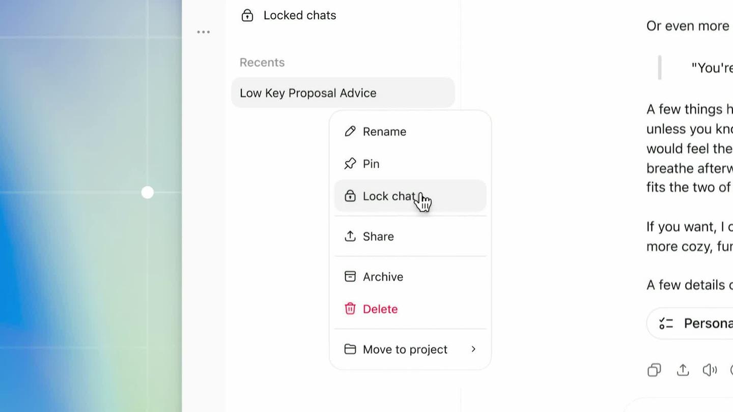 ChatGPT's chat menu open on a chat called Low Key Proposal Advice, with Lock chat highlighted between Pin and Share
