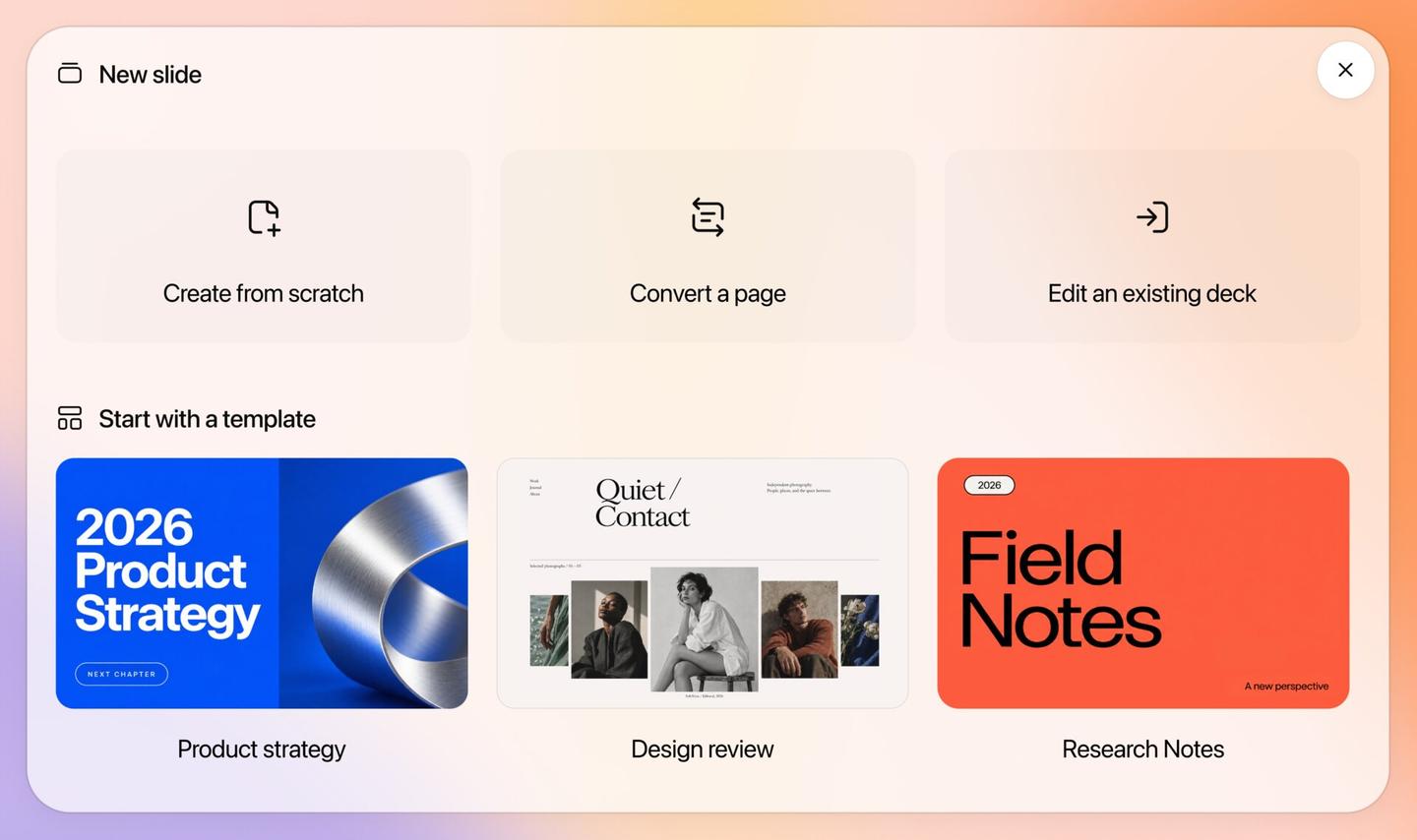ChatGPT's New slide menu with options to create from scratch, convert a page or edit an existing deck, above three templates: Product strategy, Design review and Research Notes
