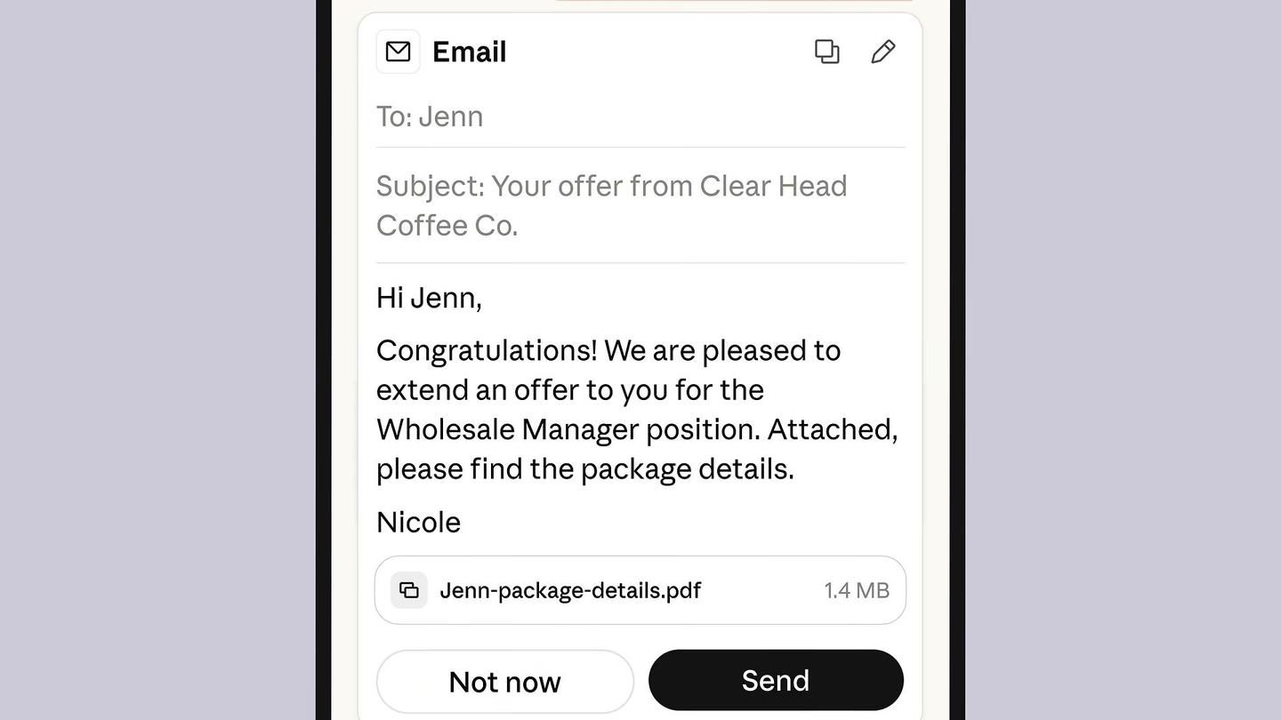 A job offer email drafted by Claude Duet, with an attached package-details PDF and two buttons below it: Not now and Send