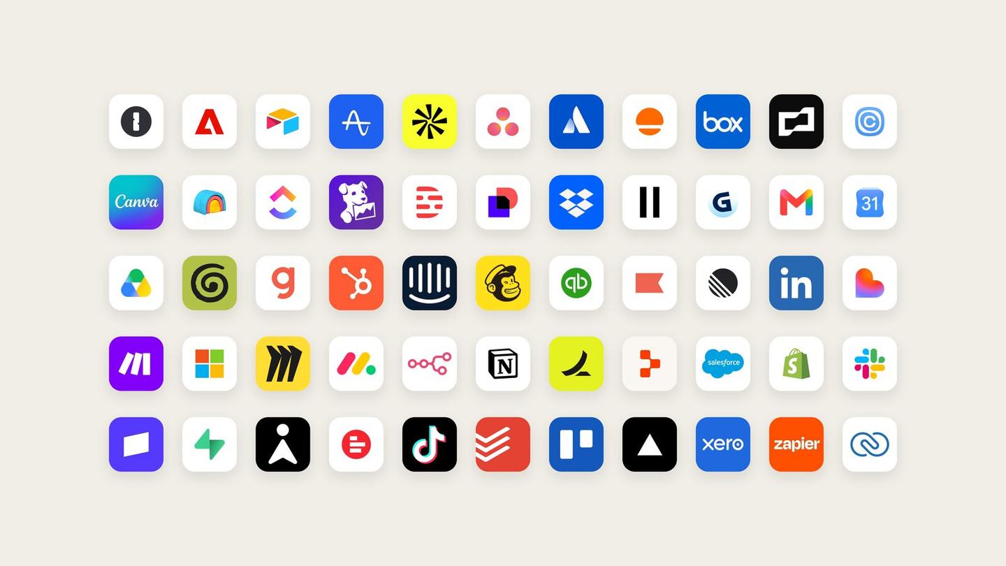 A grid of app icons that work with Claude Duet, including Gmail, Google Calendar, Slack, QuickBooks, HubSpot, Canva, Shopify, LinkedIn, Notion, Salesforce, Xero and Zapier
