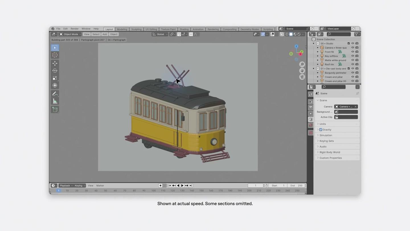 A 3D modeling app with a nearly finished yellow and cream tram model in the main viewport and the app's panels on the right
