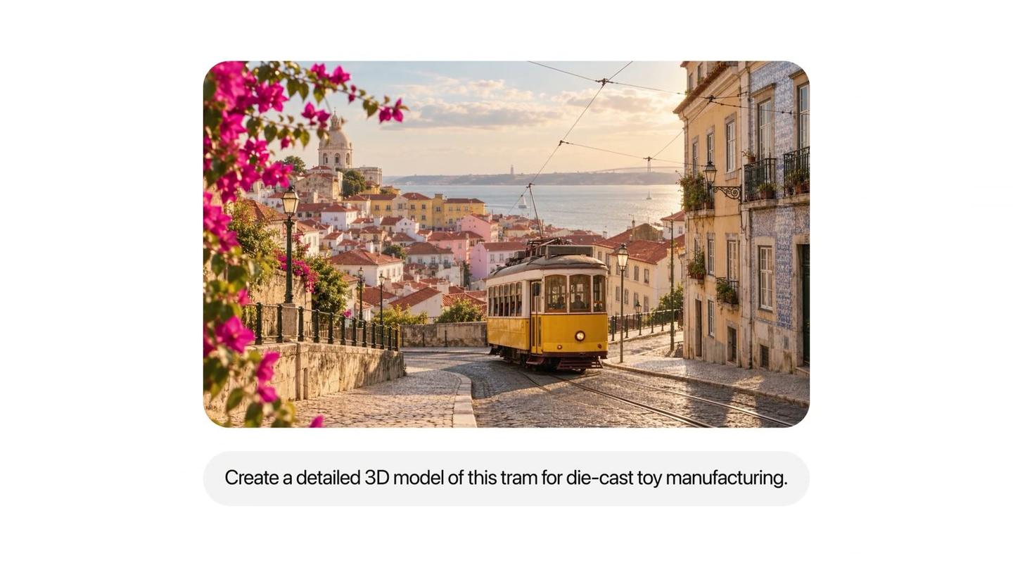 A photo of a yellow Lisbon tram on a cobbled street, with the prompt Create a detailed 3D model of this tram for die-cast toy manufacturing below it
