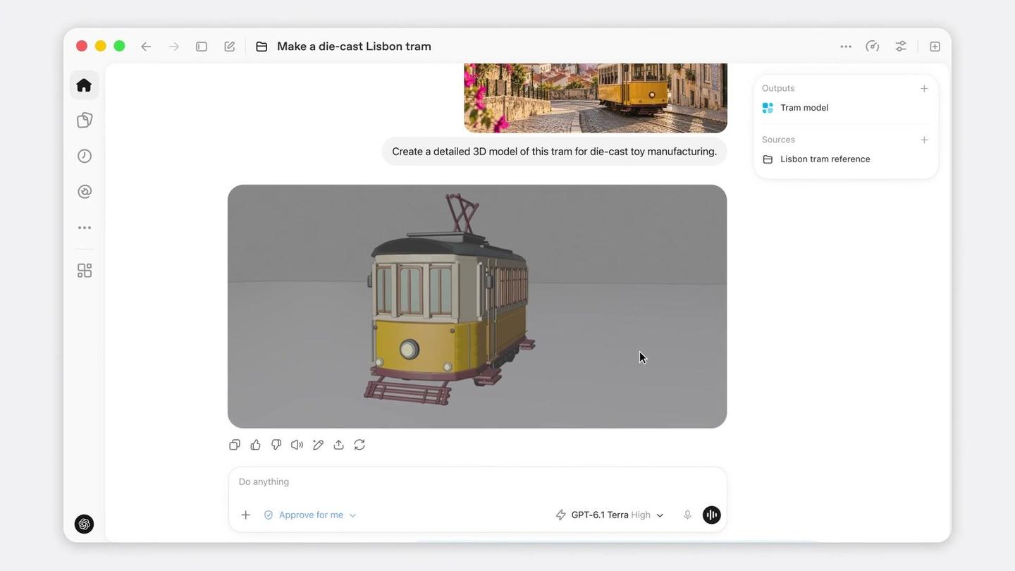 A ChatGPT Work window titled Make a die-cast Lisbon tram, showing a finished 3D tram model, with GPT-6.1 Terra High selected in the model picker at the bottom