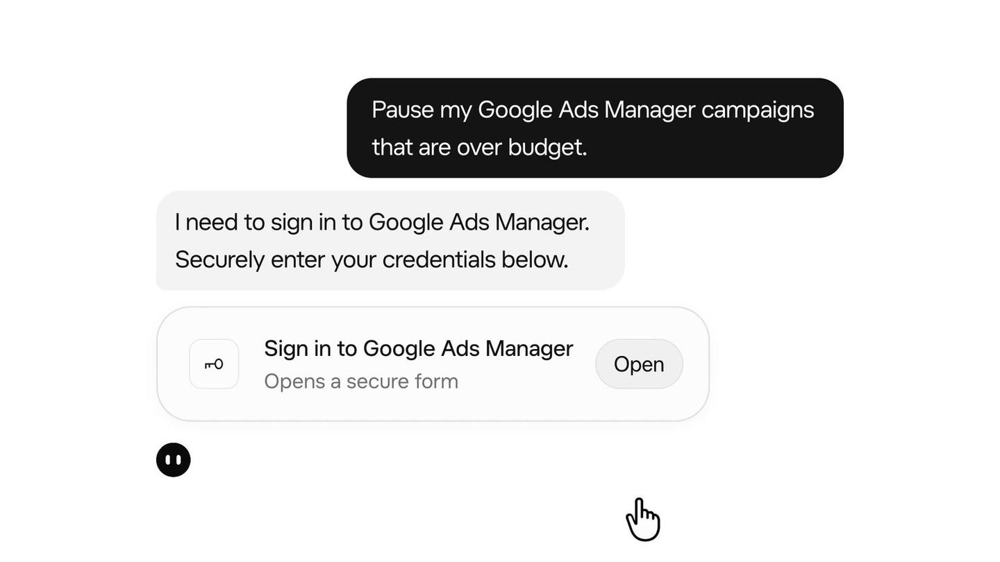 A Grok Bot chat where the user asks it to pause Google Ads Manager campaigns that are over budget, and the Bot replies that it needs to sign in and offers a secure form to open