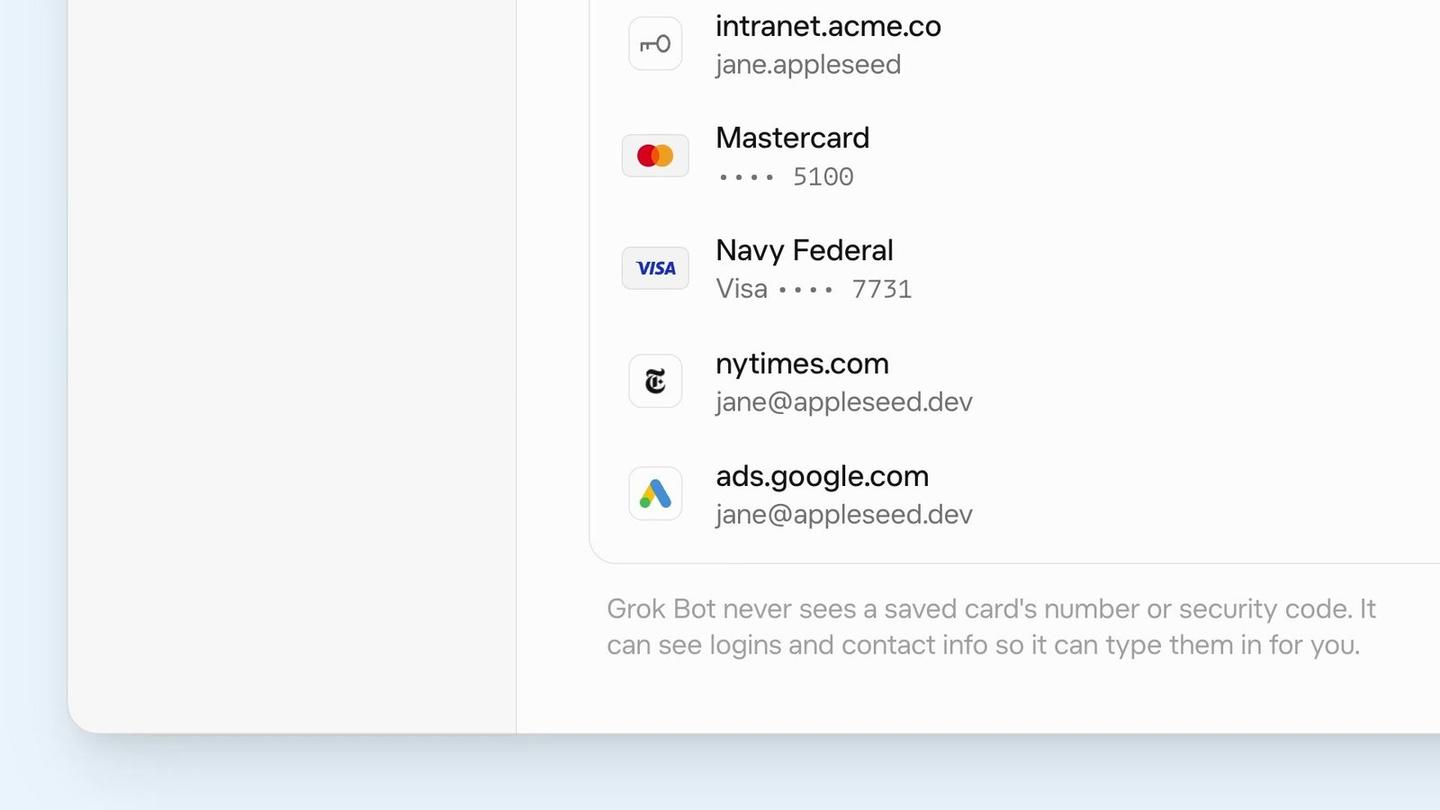 A list of saved Vault items including logins for intranet.acme.co, nytimes.com and ads.google.com and Mastercard and Visa cards showing only the last four digits, above a note that Grok Bot never sees a saved card's number or security code