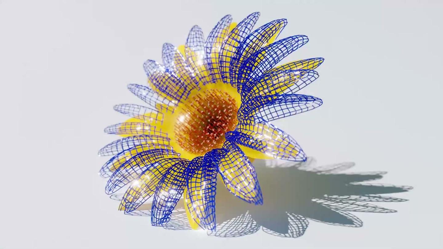 A 3D flower model with a yellow-and-blue wireframe over its petals, casting a shadow on a pale background
